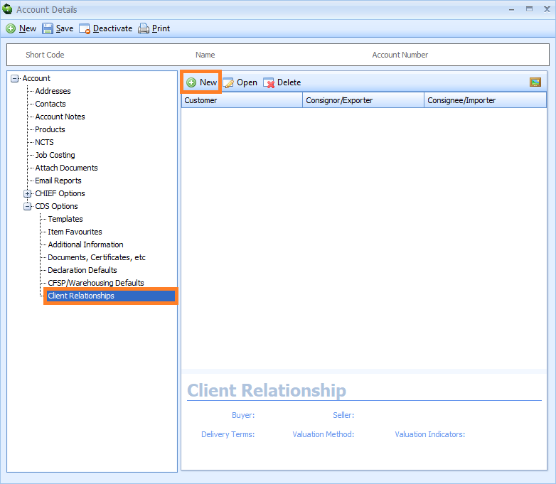CDS 'Client Relationships' node and 'New' button