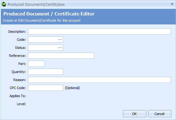 'Produced Document/Certificates' editor