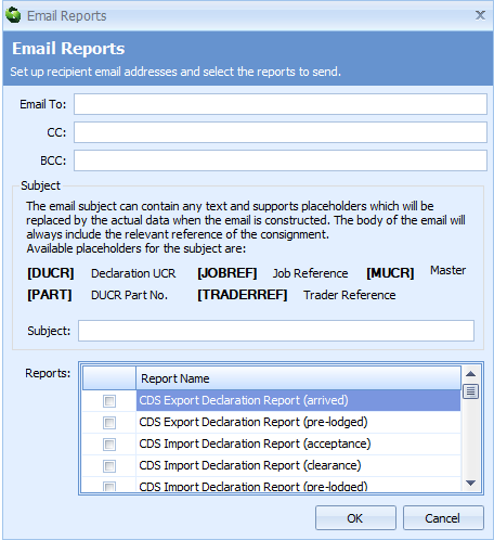 'Email Reports' editor