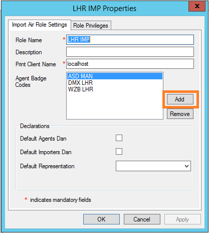 Image showing the Add badge button highlighted on the security role properties dialog
