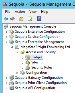 Image showing the Badges node in the Sequoia Configuration MMC