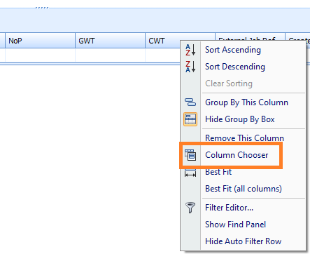 Context menu showing the column chooser option