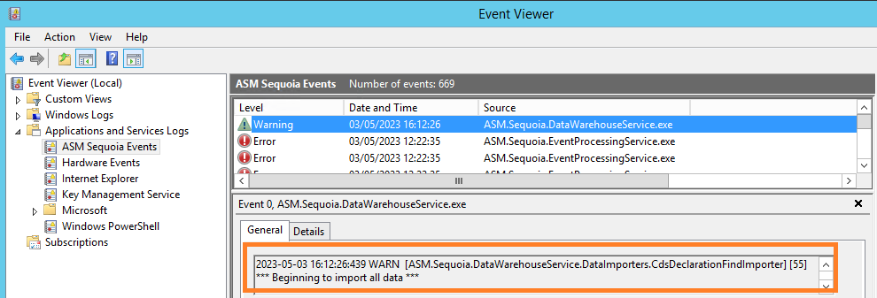 Event Viewer showing process started warning