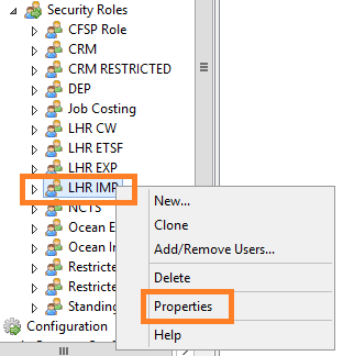 Image showing the Properties context menu option for the selected security role