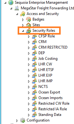 Image showing the Security Roles node expanded in the Sequoia Configuration MMC