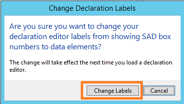 Image showing a prompt to change the declaration editor labels to show data elements