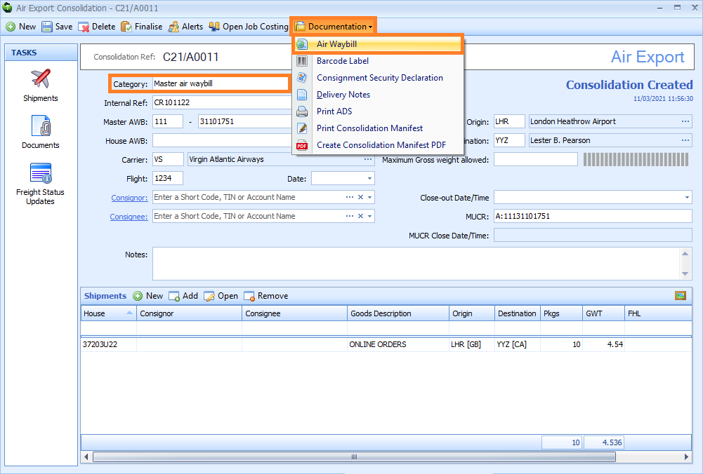 Air Export Consolidation Editor, Click on Documentation then on Air Waybill