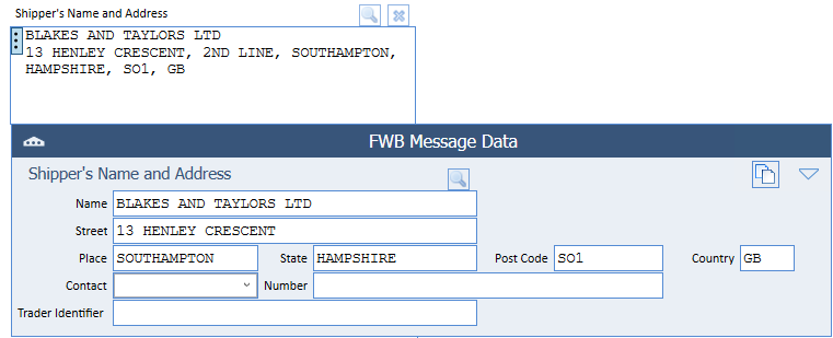 Shipper's Name and Address Air Waybill and FWB Data